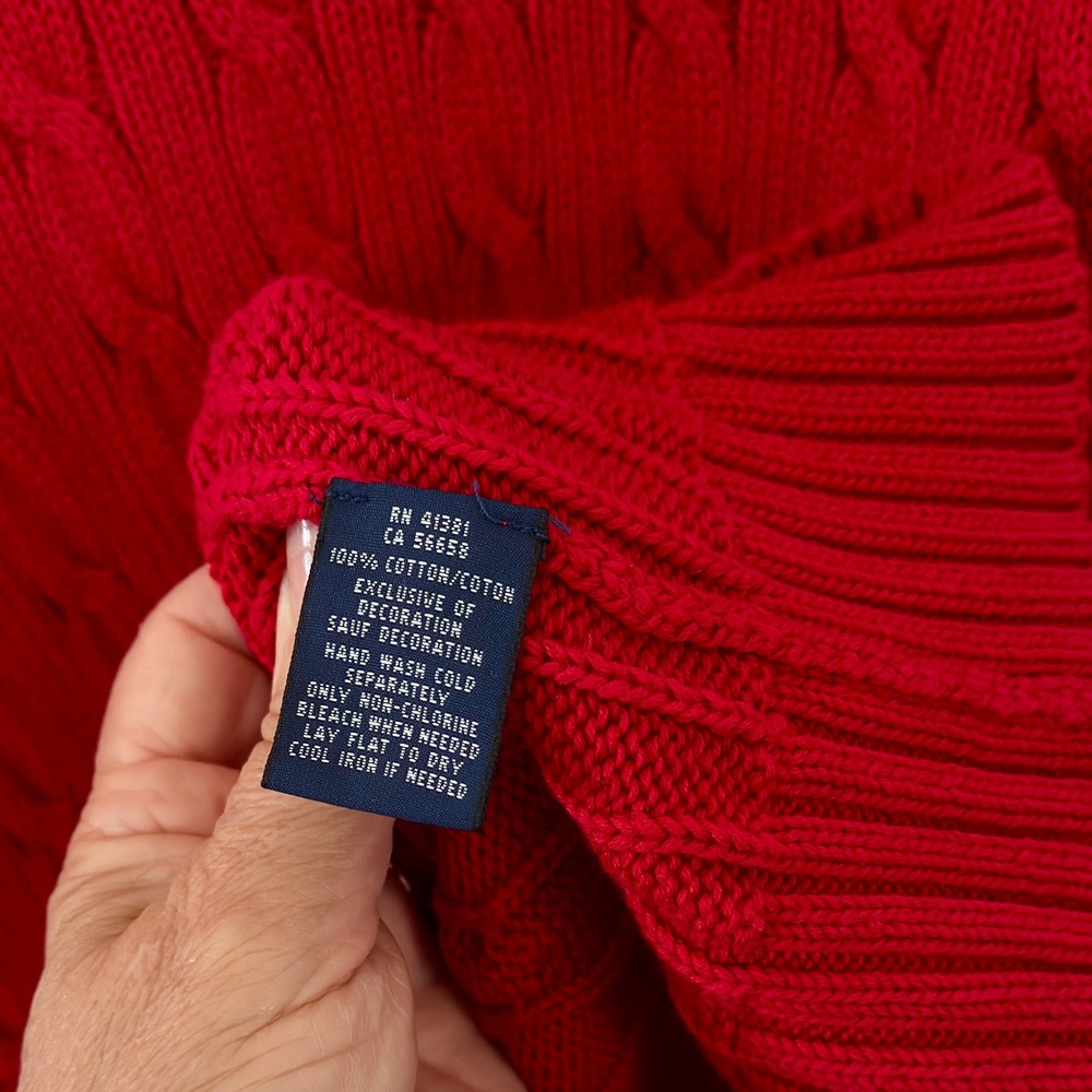 Ralph Lauren Women's Red Cable Knit V-Neck Cotton Sweater Slim Fit Womens Medium - Picture 3 of 4